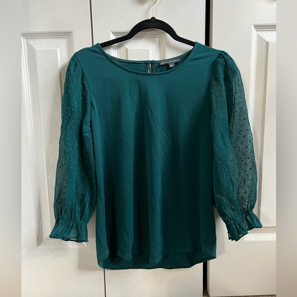 Adriana Papell Emerald Green Sheer Sleeve Blouse